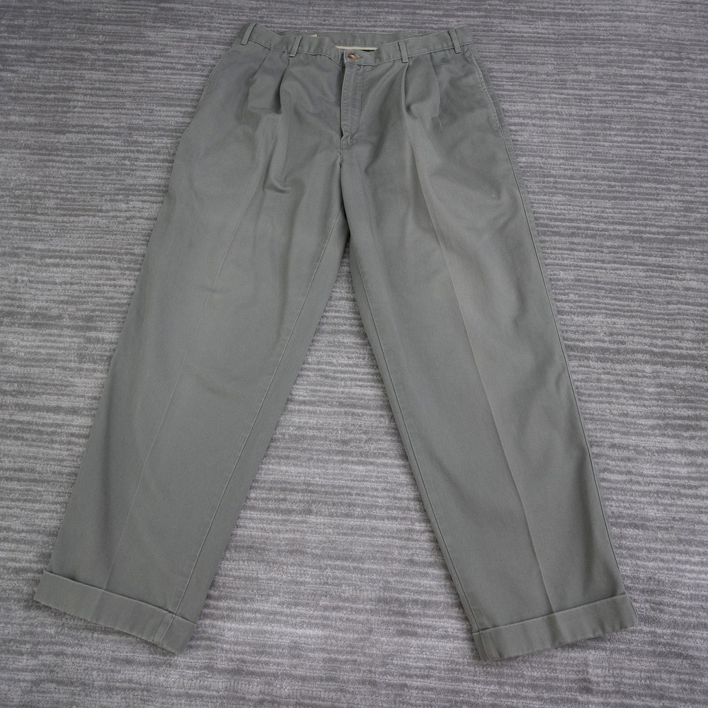 Bill Blass Men Pleated Chino Pants Green Cotton Twill Cuffed 36x30 Fit 35x29